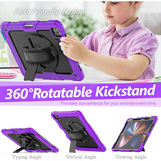 Pachet 360 pentru iPad Air13 (2024/2025), iPad Pro 12.9'' (2020/2021/2022), husa Sigloo cu folie inclusa, curea de umar si suport rotativ, Mov cu Negru