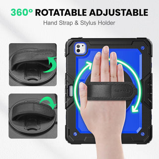 Pachet 360 pentru iPad Air13 (2024/2025), iPad Pro 12.9'' (2020/2021/2022), husa Sigloo cu folie inclusa, curea de umar si suport rotativ, Albastru cu Negru