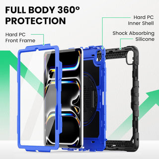 Pachet 360 pentru iPad Air13 (2024/2025), iPad Pro 12.9'' (2020/2021/2022), husa Sigloo cu folie inclusa, curea de umar si suport rotativ, Albastru cu Negru