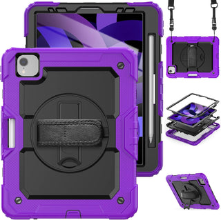 Pachet complet Sigloo 360° pentru iPad Air 5/4 (10.9 inch) - Husa Shockproof cu folie, suport rotativ, suport creion si curea umar - Mov