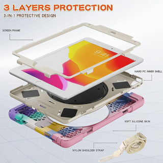 Husa Sigloo pentru iPad 9.7” (iPad 5/6, Air 2, Pro 9.7) – Shockproof, Suport Rotativ, Curea de Umar, Suport Creion – Model Colorat Roz