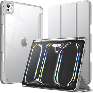 Husa premium tableta Sigloo, compatibila cu iPad Air 11", interior imitatie piele, suport Smart Pen, gri deschis