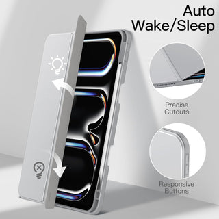 Husa premium tableta Sigloo, compatibila cu iPad Air 11", interior imitatie piele, suport Smart Pen, gri deschis