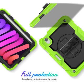 Pachet complet 360° Sigloo: Husa Shockproof Armor + Folie integrata pentru iPad Mini 7/6, 8.3'', cu stand rotativ si curea umar, Verde