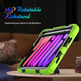 Pachet complet 360° Sigloo: Husa Shockproof Armor + Folie integrata pentru iPad Mini 7/6, 8.3'', cu stand rotativ si curea umar, Verde