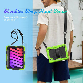 Pachet complet 360° Sigloo: Husa Shockproof Armor + Folie integrata pentru iPad Mini 7/6, 8.3'', cu stand rotativ si curea umar, Verde