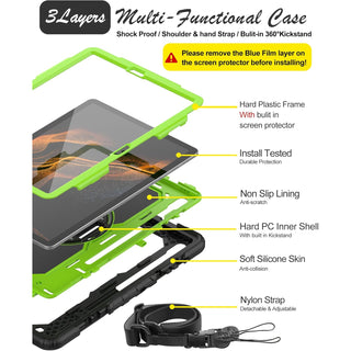 Husa Sigloo pentru tableta Samsung Galaxy Tab S8 Plus, S7 FE, S7 Plus, Rezistenta la Socuri, cu Suport Rotativ, Verde cu Negru