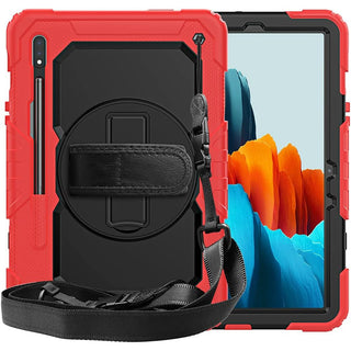 Pachet complet 360° Sigloo: Husa Shockproof Armor + folie integrata pentru Samsung Galaxy Tab S8/S7 11" cu stand rotativ, suport creion, curea umar – Rosu