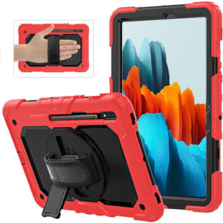 Pachet complet 360° Sigloo: Husa Shockproof Armor + folie integrata pentru Samsung Galaxy Tab S8/S7 11" cu stand rotativ, suport creion, curea umar – Rosu