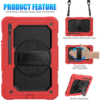 Pachet complet 360° Sigloo: Husa Shockproof Armor + folie integrata pentru Samsung Galaxy Tab S8/S7 11" cu stand rotativ, suport creion, curea umar – Rosu