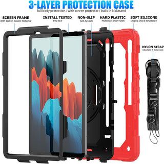 Pachet complet 360° Sigloo: Husa Shockproof Armor + folie integrata pentru Samsung Galaxy Tab S8/S7 11" cu stand rotativ, suport creion, curea umar – Rosu