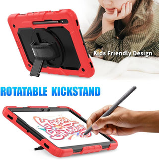 Pachet complet 360° Sigloo: Husa Shockproof Armor + folie integrata pentru Samsung Galaxy Tab S8/S7 11" cu stand rotativ, suport creion, curea umar – Rosu