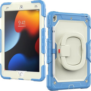 Husa Sigloo, pentru tableta Apple Ipad gen 9/8/7, 10.2 inch, Hybrid 3in1, 360 °protectie, suport smartpen, Suport rotativ, Gri/Crem-Albastru