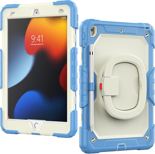 Husa Sigloo, pentru tableta Apple Ipad gen 9/8/7, 10.2 inch, Hybrid 3in1, 360 °protectie, suport smartpen, Suport rotativ, Gri/Crem-Albastru