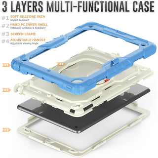 Husa Sigloo, pentru tableta Apple Ipad gen 9/8/7, 10.2 inch, Hybrid 3in1, 360 °protectie, suport smartpen, Suport rotativ, Gri/Crem-Albastru