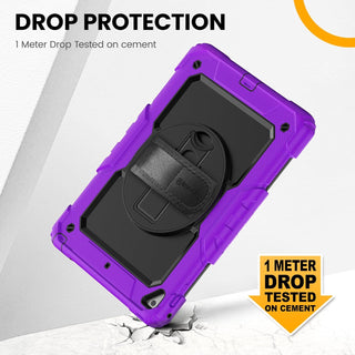 Pachet 360 pentru iPad 9.7" (iPad Air 2, iPad 5/6, iPad Pro 9.7) – Husa Sigloo cu folie inclusa, curea de umar si suport rotativ, Mov / Negru