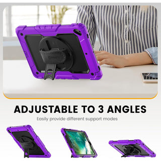 Pachet 360 pentru iPad 9.7" (iPad Air 2, iPad 5/6, iPad Pro 9.7) – Husa Sigloo cu folie inclusa, curea de umar si suport rotativ, Mov / Negru