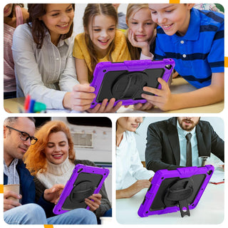 Pachet 360 pentru iPad 9.7" (iPad Air 2, iPad 5/6, iPad Pro 9.7) – Husa Sigloo cu folie inclusa, curea de umar si suport rotativ, Mov / Negru