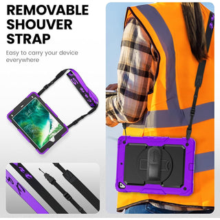 Pachet 360 pentru iPad 9.7" (iPad Air 2, iPad 5/6, iPad Pro 9.7) – Husa Sigloo cu folie inclusa, curea de umar si suport rotativ, Mov / Negru