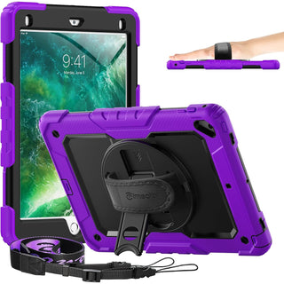 Pachet 360 pentru iPad 9.7" (iPad Air 2, iPad 5/6, iPad Pro 9.7) – Husa Sigloo cu folie inclusa, curea de umar si suport rotativ, Mov / Negru