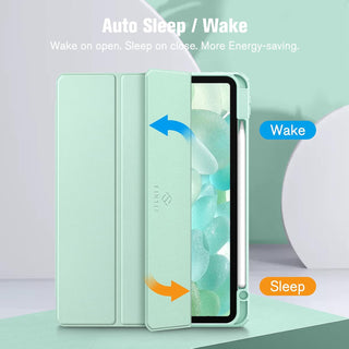 Husa premium tableta Apple iPad Air 11" (2024), Sigloo, interior imitatie piele, suport Smart Pen, spate din PC transparent, rezista la socuri, Verde deschis