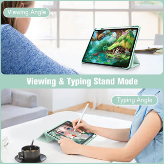 Husa premium tableta Apple iPad Air 11" (2024), Sigloo, interior imitatie piele, suport Smart Pen, spate din PC transparent, rezista la socuri, Verde deschis