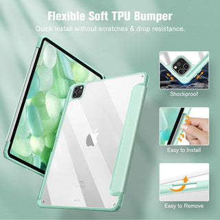 Husa premium tableta Apple iPad Air 11" (2024), Sigloo, interior imitatie piele, suport Smart Pen, spate din PC transparent, rezista la socuri, Verde deschis