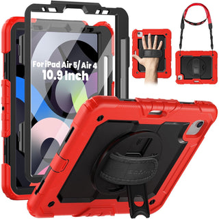Pachet complet Sigloo 360° pentru iPad Air 5/4 (10.9 inch) - Husa Shockproof cu folie, suport rotativ, suport creion si curea umar - Rosu