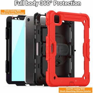 Pachet complet Sigloo 360° pentru iPad Air 5/4 (10.9 inch) - Husa Shockproof cu folie, suport rotativ, suport creion si curea umar - Rosu