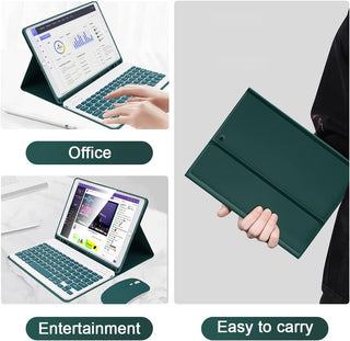 Husa cu tastatura si mouse pentru tableta Samsung Galaxy Tab S10 FE+, 13.1", Sigloo, Verde, Bluetooth, Magnetic, Protectie completa si stand ajustabil