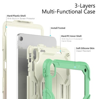 Pachet complet 360ø Sigloo: Hus? Shockproof Armor + Folie integrat? pentru Apple iPad 9th/8th/7th Gen (2021/2020/2019), 10.2", cu stand rotativ, suport creion, curea umar,Verde fistic