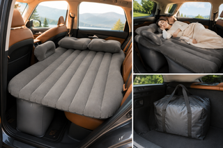 Saltea gonflabila auto  Sigloo, 134x91 cm, cu pompa electrica 12V, , suport spatiu scaune, 2 perne, velur, gri