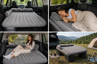 Saltea gonflabila auto  Sigloo, 134x91 cm, cu pompa electrica 12V, , suport spatiu scaune, 2 perne, velur, gri