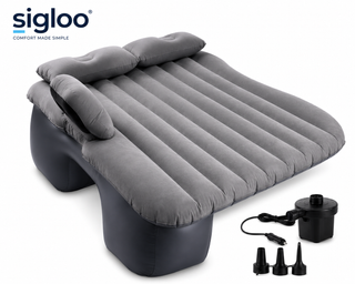 Saltea gonflabila auto  Sigloo, 134x91 cm, cu pompa electrica 12V, , suport spatiu scaune, 2 perne, velur, gri