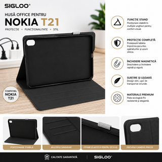 Husa Office SIGLOO pentru Nokia T21, Functie Stand, Inchidere Magnetica, Protectie Completa, Material Premium, Negru