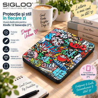 Husa Kindle Paperwhite 2024 (12th gen) "7", Signature Edition, 7" sau Kindle Colorsoft Signature Edition 7", Sigloo, Slim, functie sleep/wake-up, Graffiti