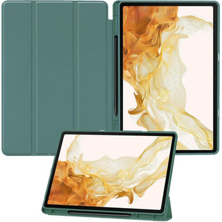 Husa premium pentru Samsung Galaxy Tab S10+/S10Fe+/S9+/S9Fe+, 12.4", Sigloo, interior de piele sintetica, suport Smart Pen, spatele din policarbonat transparent, rezistent la socuri, Pine Green