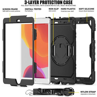 Pachet complet 360° Sigloo: Husă Shockproof Armor + Folie integrată pentru iPad 9/8/7 (2021/2020/2019) 10.2 inch, cu stand rotativ și curea umar