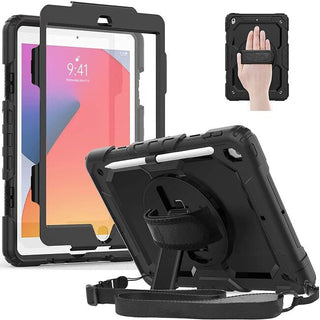 Pachet complet 360° Sigloo: Husă Shockproof Armor + Folie integrată pentru iPad 9/8/7 (2021/2020/2019) 10.2 inch, cu stand rotativ și curea umar