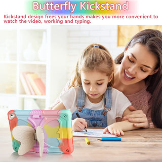 Husa Sigloo pentru Apple iPad 9th/8th/7th Gen (2021/2020/2019), 10.2'', Protectie Completa, Suport Creion, Stand Fluture, Curea Umar, Anti-Soc, Roz Multicolor