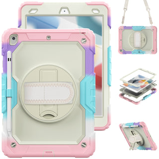 Husa Sigloo pentru Apple iPad 9th/8th/7th Gen (2021/2020/2019), 10.2'', Protectie Completa, Suport Creion, Stand Rotativ, Curea Umar, Anti-Soc, Roz Degrade