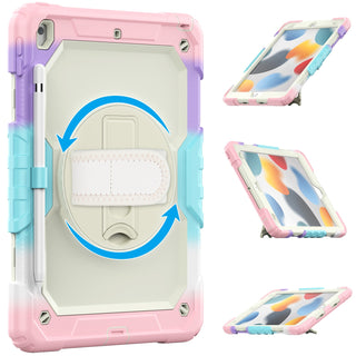 Husa Sigloo pentru Apple iPad 9th/8th/7th Gen (2021/2020/2019), 10.2'', Protectie Completa, Suport Creion, Stand Rotativ, Curea Umar, Anti-Soc, Roz Degrade