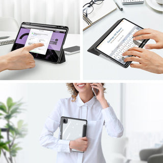Husa premium pentru Samsung Galaxy Tab A7 (SM-T500/T505/T507), 10.4", Sigloo, interior de piele sintetica, suport Smart Pen, spatele din policarbonat transparent, rezistent la socuri, Black