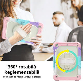 Husa Sigloo pentru Apple iPad 9th/8th/7th Gen (2021/2020/2019), 10.2'', Protectie Completa, Suport Creion, Stand Rotativ, Curea Umar, Anti-Soc, Roz Degrade