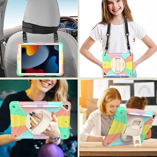 Husa Hard Sigloo pentru Apple iPad 9th/8th/7th Gen (2021/2020/2019), 10.2'', Protectie Completa, Suport Creion, Stand rotativ, Curea Umar, Anti-Soc, Multicolor Violet