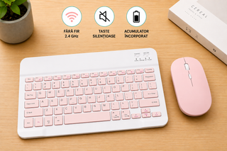 Kit Tastatură + Mouse Wireless Bluetooth Sigloo®, compatibil cu orice tableta, smartphone, laptop, Tv, calculator, Slim, Silențios, Multi-Device (iOS/Android/Windows), Roz