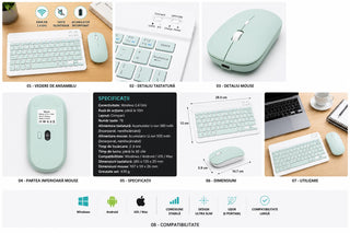 Kit Tastatura + Mouse Wireless Bluetooth Sigloo®, compatibil cu orice tableta, smartphone, laptop, Tv, calculator, Slim, Silentios, Multi-Device (iOS/Android/Windows), Verde