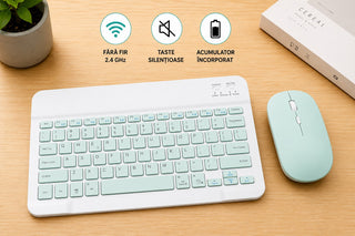 Kit Tastatura + Mouse Wireless Bluetooth Sigloo®, compatibil cu orice tableta, smartphone, laptop, Tv, calculator, Slim, Silentios, Multi-Device (iOS/Android/Windows), Verde